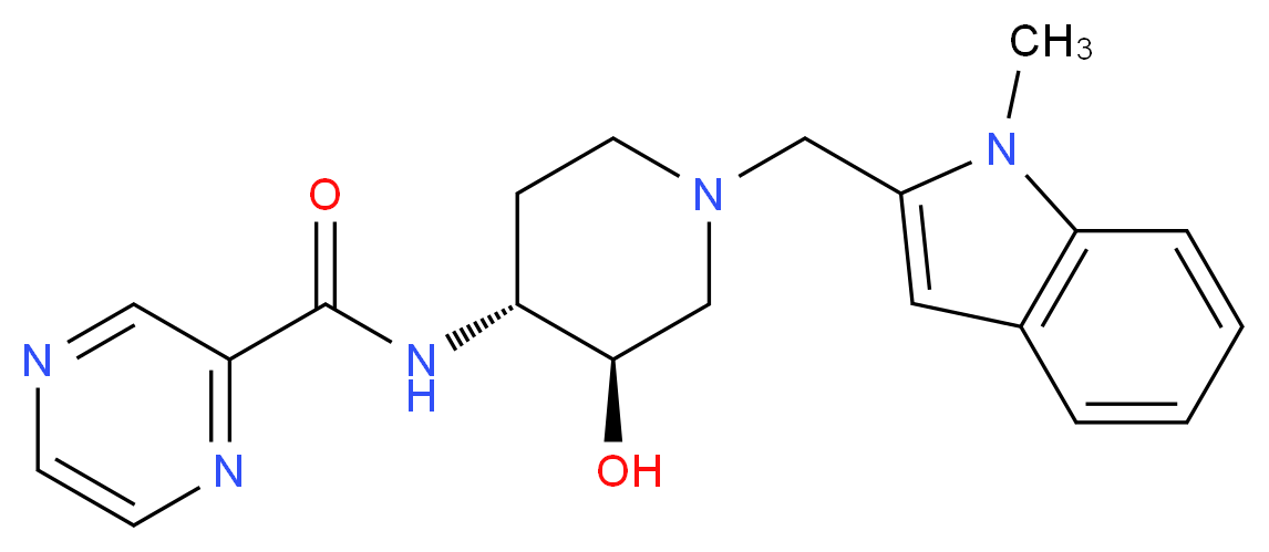 N-{(3R*,4R*)-3-hydroxy-1-[(1-methyl-1H-indol-2-yl)methyl]piperidin-4-yl}pyrazine-2-carboxamide_Molecular_structure_CAS_)