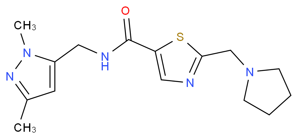 N-[(1,3-dimethyl-1H-pyrazol-5-yl)methyl]-2-(pyrrolidin-1-ylmethyl)-1,3-thiazole-5-carboxamide_Molecular_structure_CAS_)