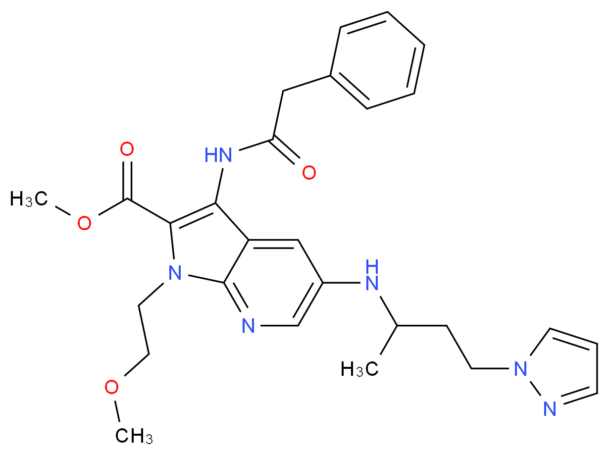 methyl 1-(2-methoxyethyl)-5-{[1-methyl-3-(1H-pyrazol-1-yl)propyl]amino}-3-[(phenylacetyl)amino]-1H-pyrrolo[2,3-b]pyridine-2-carboxylate_Molecular_structure_CAS_)