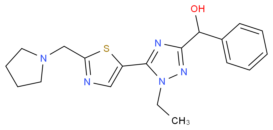 {1-ethyl-5-[2-(pyrrolidin-1-ylmethyl)-1,3-thiazol-5-yl]-1H-1,2,4-triazol-3-yl}(phenyl)methanol_Molecular_structure_CAS_)