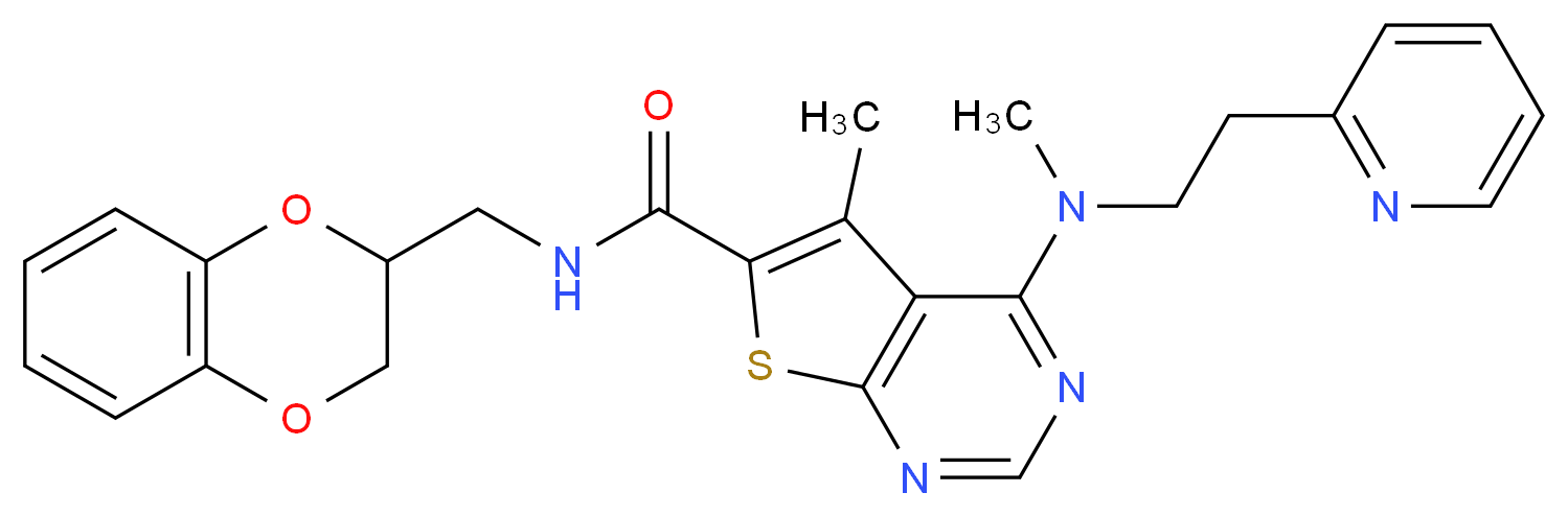 N-(2,3-dihydro-1,4-benzodioxin-2-ylmethyl)-5-methyl-4-{methyl[2-(2-pyridinyl)ethyl]amino}thieno[2,3-d]pyrimidine-6-carboxamide_Molecular_structure_CAS_)