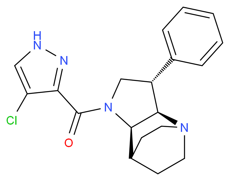 (2R*,3S*,6R*)-5-[(4-chloro-1H-pyrazol-3-yl)carbonyl]-3-phenyl-1,5-diazatricyclo[5.2.2.0~2,6~]undecane_Molecular_structure_CAS_)