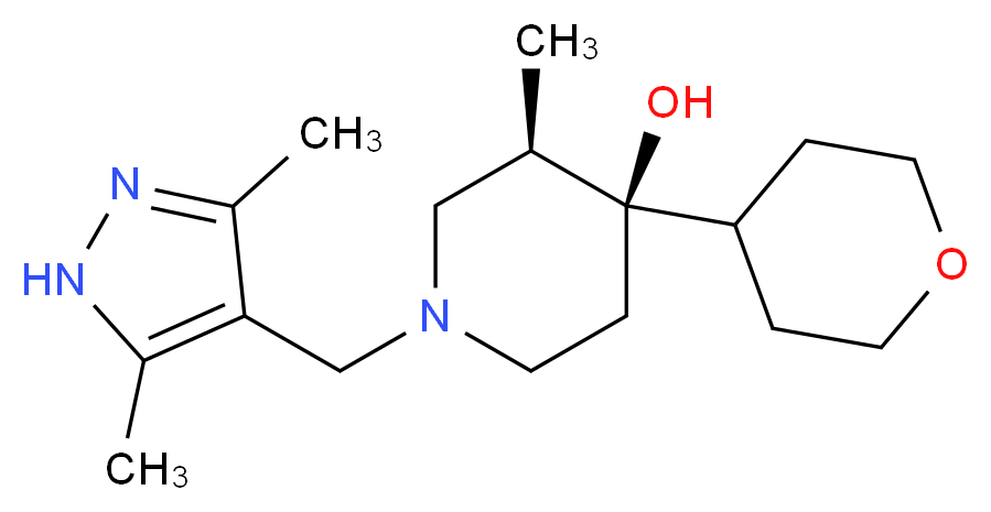 (3R*,4R*)-1-[(3,5-dimethyl-1H-pyrazol-4-yl)methyl]-3-methyl-4-(tetrahydro-2H-pyran-4-yl)-4-piperidinol_Molecular_structure_CAS_)