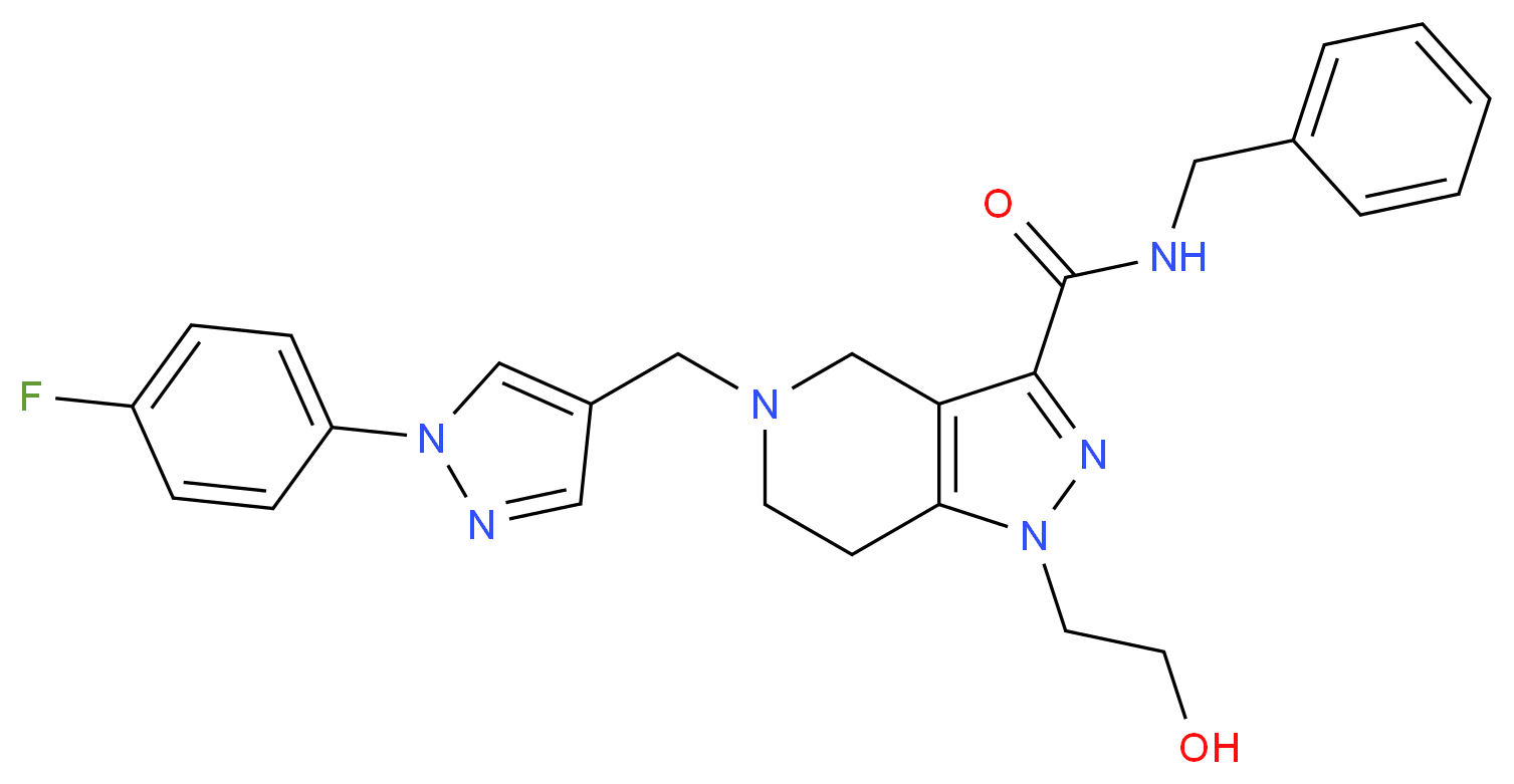 N-benzyl-5-{[1-(4-fluorophenyl)-1H-pyrazol-4-yl]methyl}-1-(2-hydroxyethyl)-4,5,6,7-tetrahydro-1H-pyrazolo[4,3-c]pyridine-3-carboxamide_Molecular_structure_CAS_)