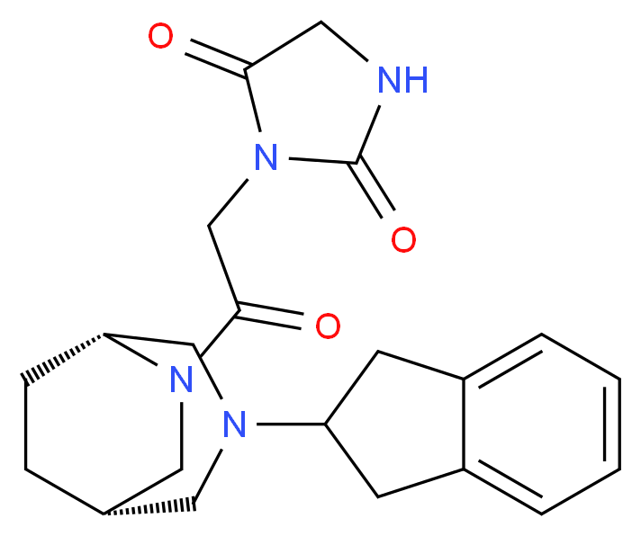 3-{2-[(1S*,5R*)-3-(2,3-dihydro-1H-inden-2-yl)-3,6-diazabicyclo[3.2.2]non-6-yl]-2-oxoethyl}imidazolidine-2,4-dione_Molecular_structure_CAS_)