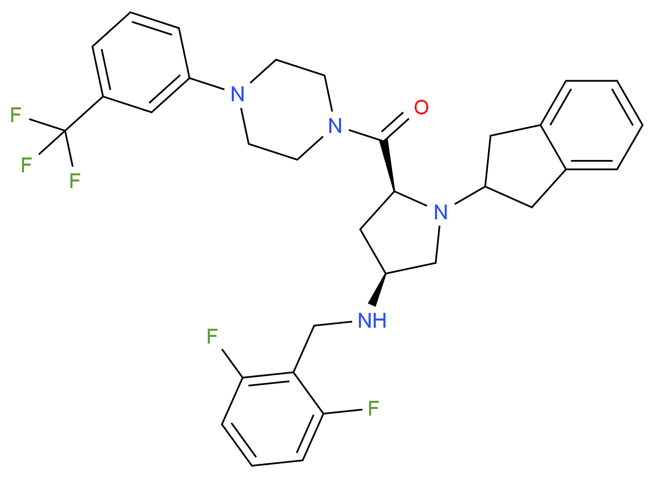 (3S,5S)-N-(2,6-difluorobenzyl)-1-(2,3-dihydro-1H-inden-2-yl)-5-({4-[3-(trifluoromethyl)phenyl]-1-piperazinyl}carbonyl)-3-pyrrolidinamine_Molecular_structure_CAS_)