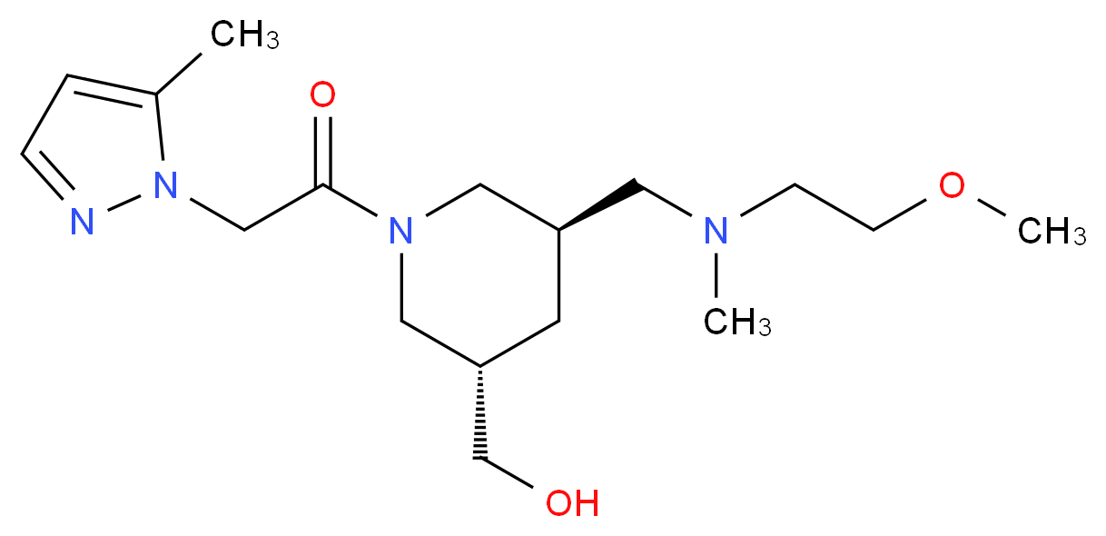 {(3S*,5R*)-5-{[(2-methoxyethyl)(methyl)amino]methyl}-1-[(5-methyl-1H-pyrazol-1-yl)acetyl]piperidin-3-yl}methanol_Molecular_structure_CAS_)