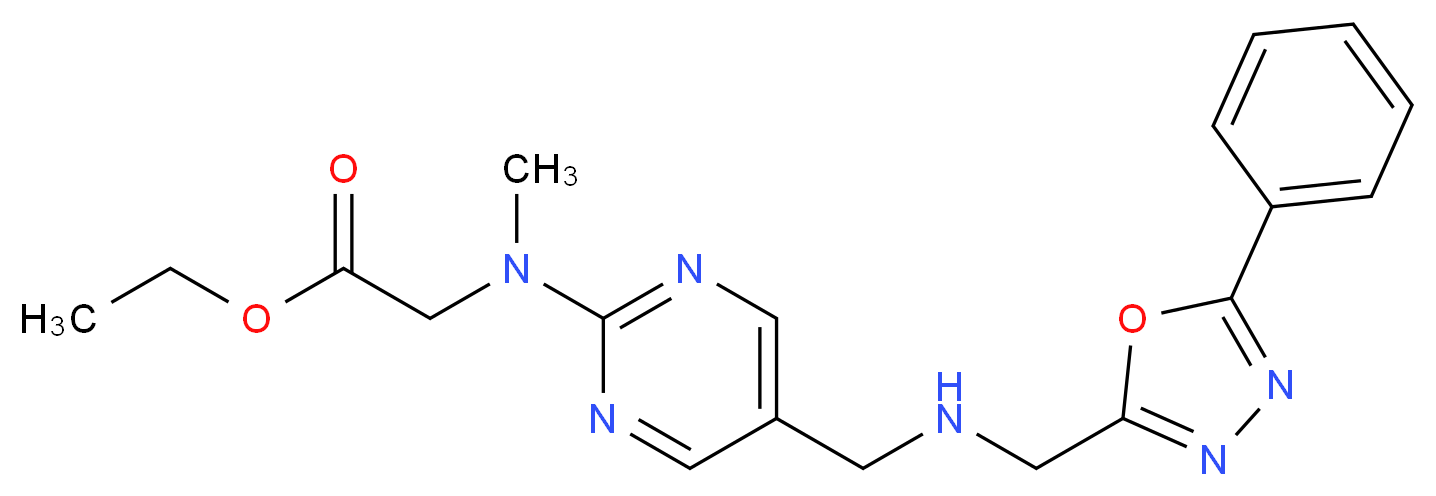 ethyl {methyl[5-({[(5-phenyl-1,3,4-oxadiazol-2-yl)methyl]amino}methyl)pyrimidin-2-yl]amino}acetate_Molecular_structure_CAS_)