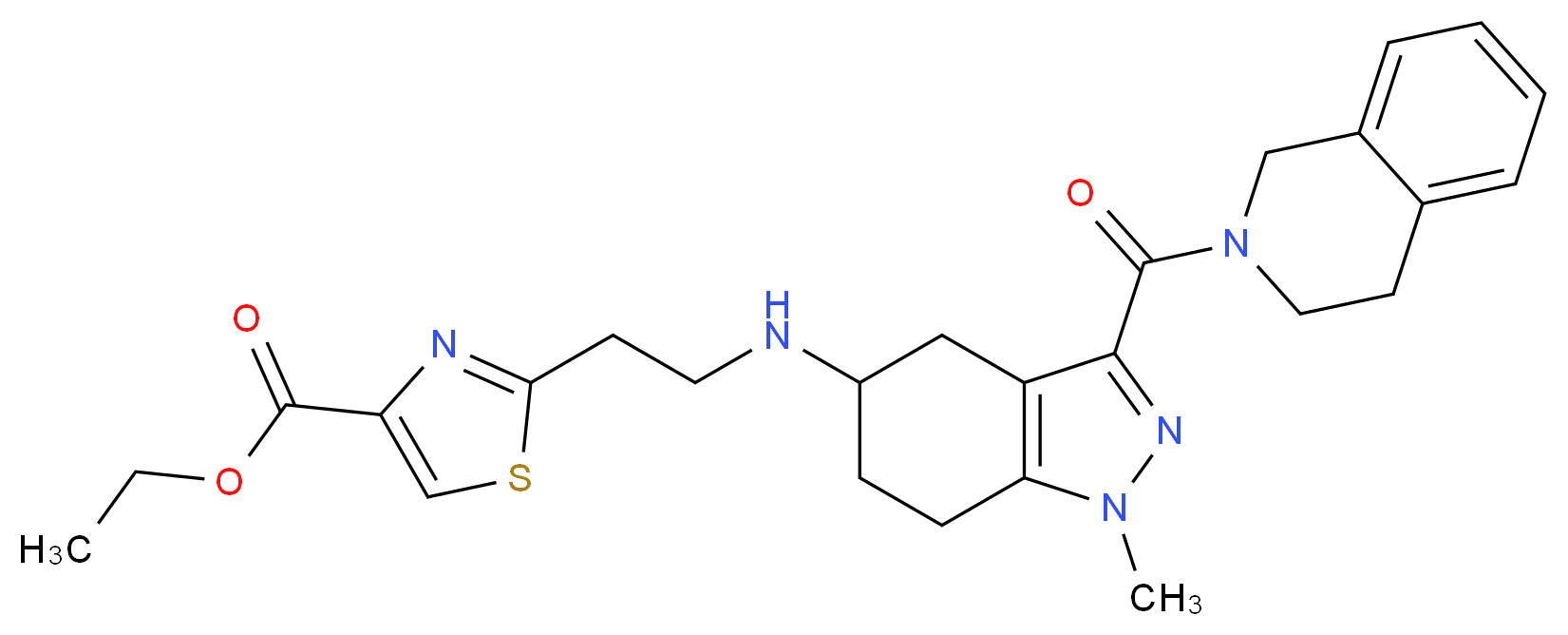 ethyl 2-(2-{[3-(3,4-dihydro-2(1H)-isoquinolinylcarbonyl)-1-methyl-4,5,6,7-tetrahydro-1H-indazol-5-yl]amino}ethyl)-1,3-thiazole-4-carboxylate_Molecular_structure_CAS_)
