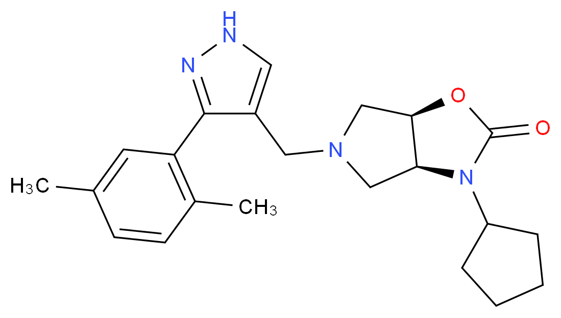 (3aS*,6aR*)-3-cyclopentyl-5-{[3-(2,5-dimethylphenyl)-1H-pyrazol-4-yl]methyl}hexahydro-2H-pyrrolo[3,4-d][1,3]oxazol-2-one_Molecular_structure_CAS_)