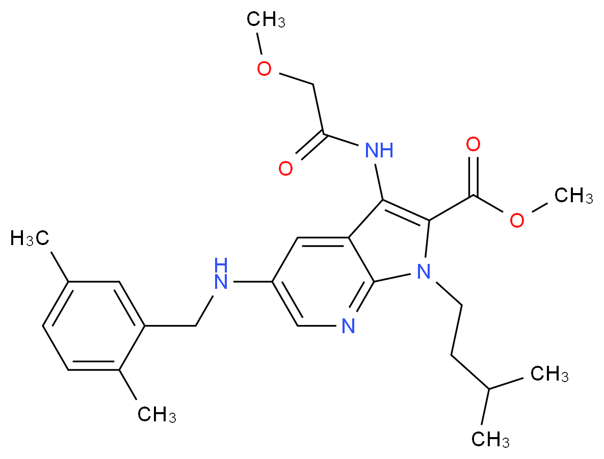 methyl 5-[(2,5-dimethylbenzyl)amino]-3-[(methoxyacetyl)amino]-1-(3-methylbutyl)-1H-pyrrolo[2,3-b]pyridine-2-carboxylate_Molecular_structure_CAS_)