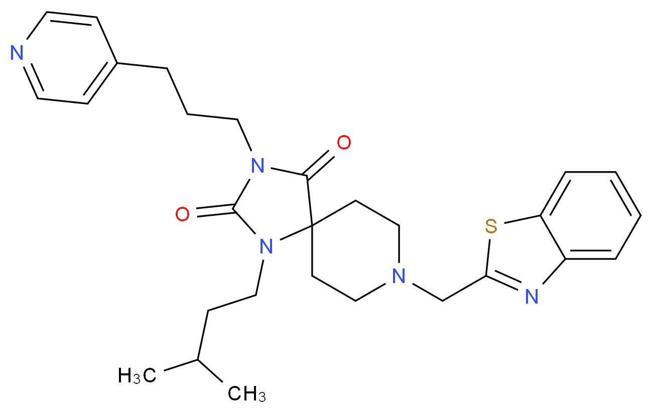 8-(1,3-benzothiazol-2-ylmethyl)-1-(3-methylbutyl)-3-[3-(4-pyridinyl)propyl]-1,3,8-triazaspiro[4.5]decane-2,4-dione_Molecular_structure_CAS_)