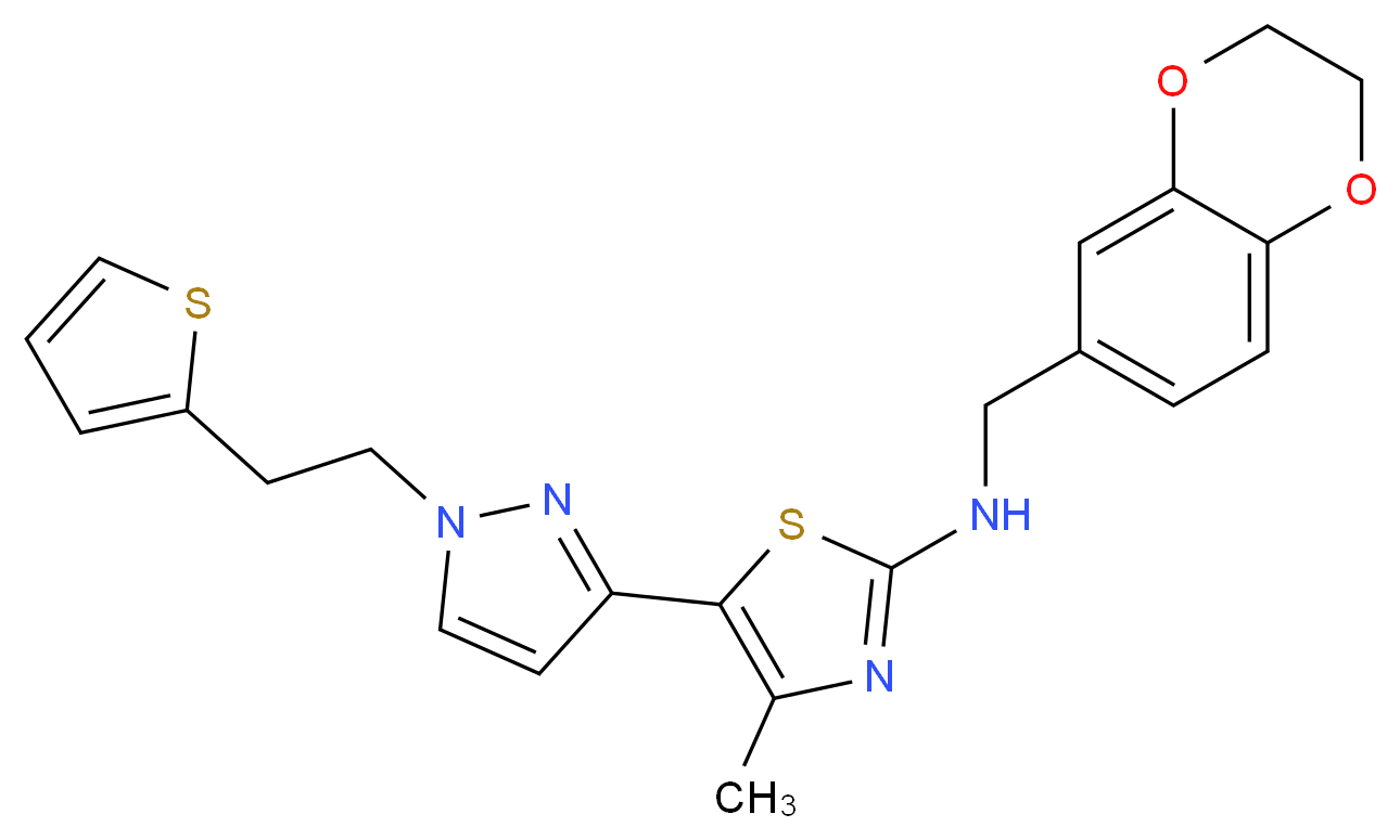 N-(2,3-dihydro-1,4-benzodioxin-6-ylmethyl)-4-methyl-5-{1-[2-(2-thienyl)ethyl]-1H-pyrazol-3-yl}-1,3-thiazol-2-amine_Molecular_structure_CAS_)
