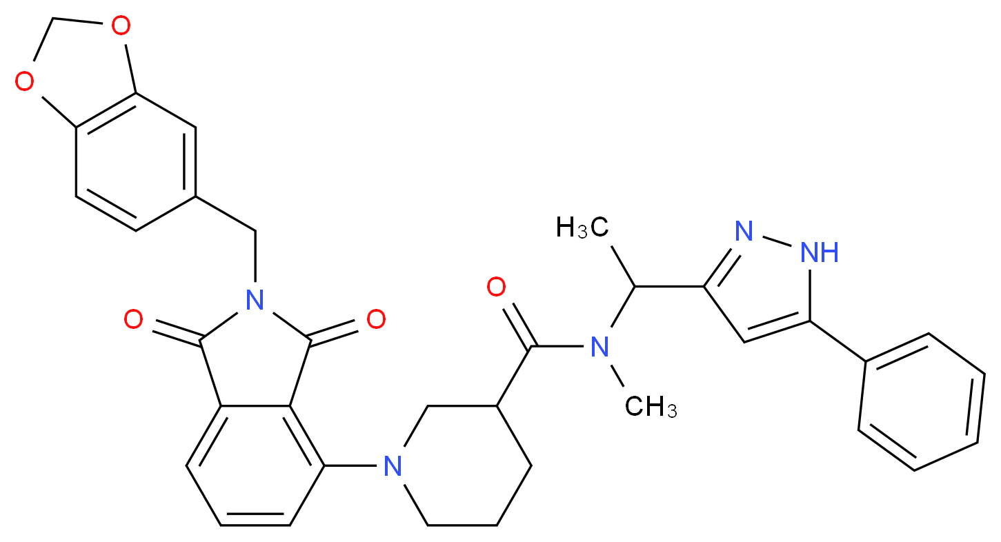 1-[2-(1,3-benzodioxol-5-ylmethyl)-1,3-dioxo-2,3-dihydro-1H-isoindol-4-yl]-N-methyl-N-[1-(5-phenyl-1H-pyrazol-3-yl)ethyl]-3-piperidinecarboxamide_Molecular_structure_CAS_)