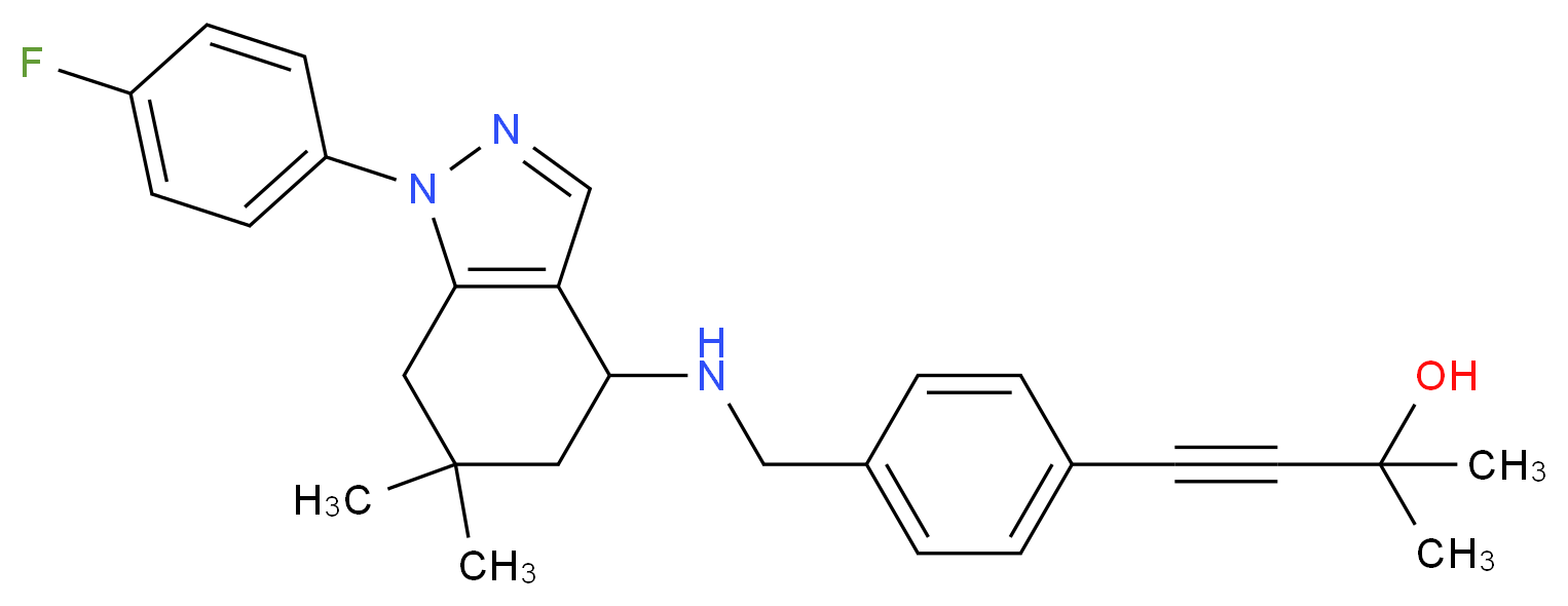 4-[4-({[1-(4-fluorophenyl)-6,6-dimethyl-4,5,6,7-tetrahydro-1H-indazol-4-yl]amino}methyl)phenyl]-2-methyl-3-butyn-2-ol_Molecular_structure_CAS_)