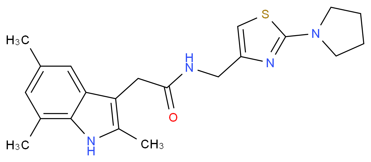 N-{[2-(1-pyrrolidinyl)-1,3-thiazol-4-yl]methyl}-2-(2,5,7-trimethyl-1H-indol-3-yl)acetamide_Molecular_structure_CAS_)