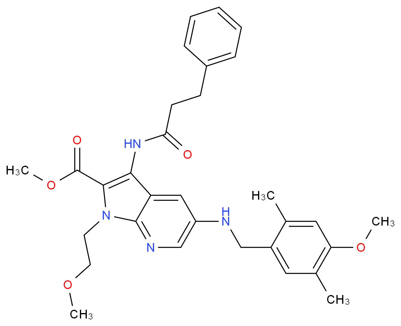 methyl 5-[(4-methoxy-2,5-dimethylbenzyl)amino]-1-(2-methoxyethyl)-3-[(3-phenylpropanoyl)amino]-1H-pyrrolo[2,3-b]pyridine-2-carboxylate_Molecular_structure_CAS_)