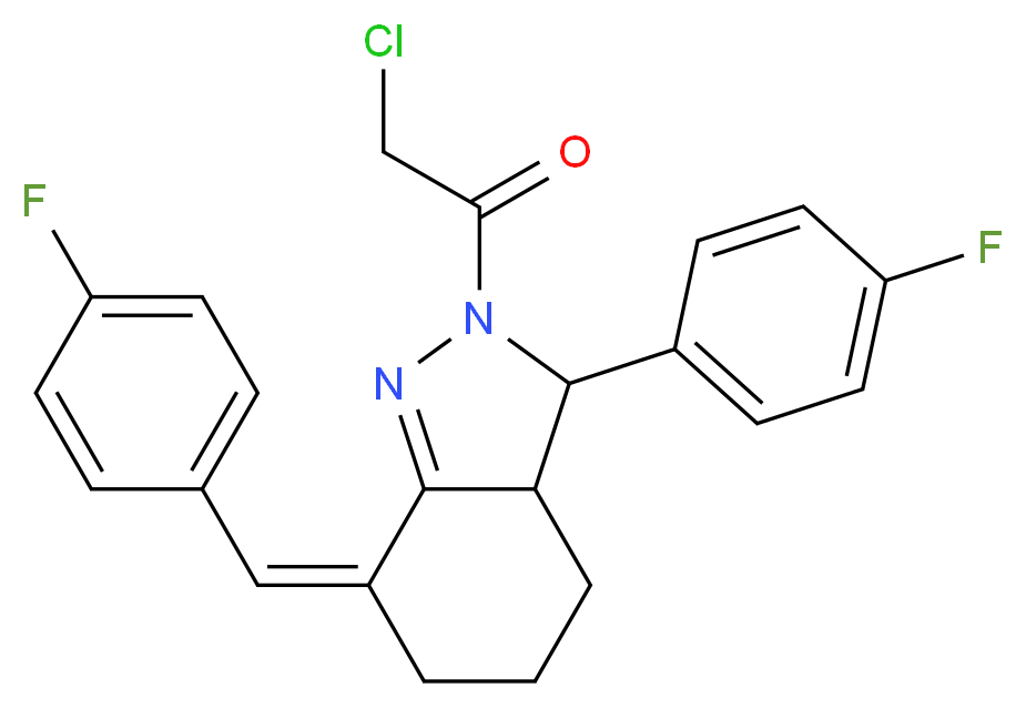 2-Chloro-1-[7-(4-fluoro-benzylidene)-3-(4-fluoro-phenyl)-3,3a,4,5,6,7-hexahydro-indazol-2-yl]-ethanone_Molecular_structure_CAS_)