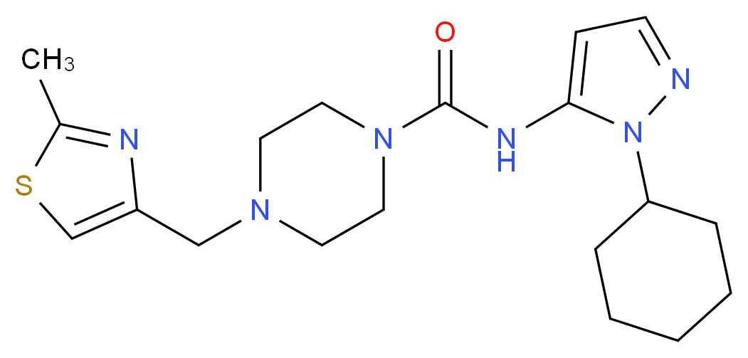 N-(1-cyclohexyl-1H-pyrazol-5-yl)-4-[(2-methyl-1,3-thiazol-4-yl)methyl]piperazine-1-carboxamide_Molecular_structure_CAS_)