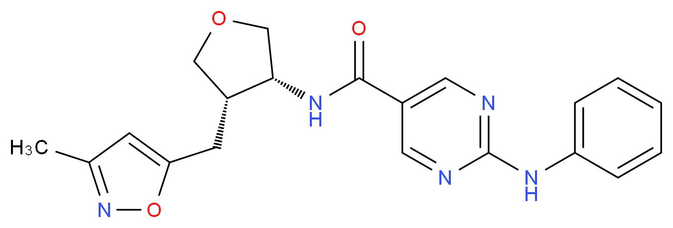 2-anilino-N-{(3R*,4S*)-4-[(3-methylisoxazol-5-yl)methyl]tetrahydrofuran-3-yl}pyrimidine-5-carboxamide_Molecular_structure_CAS_)