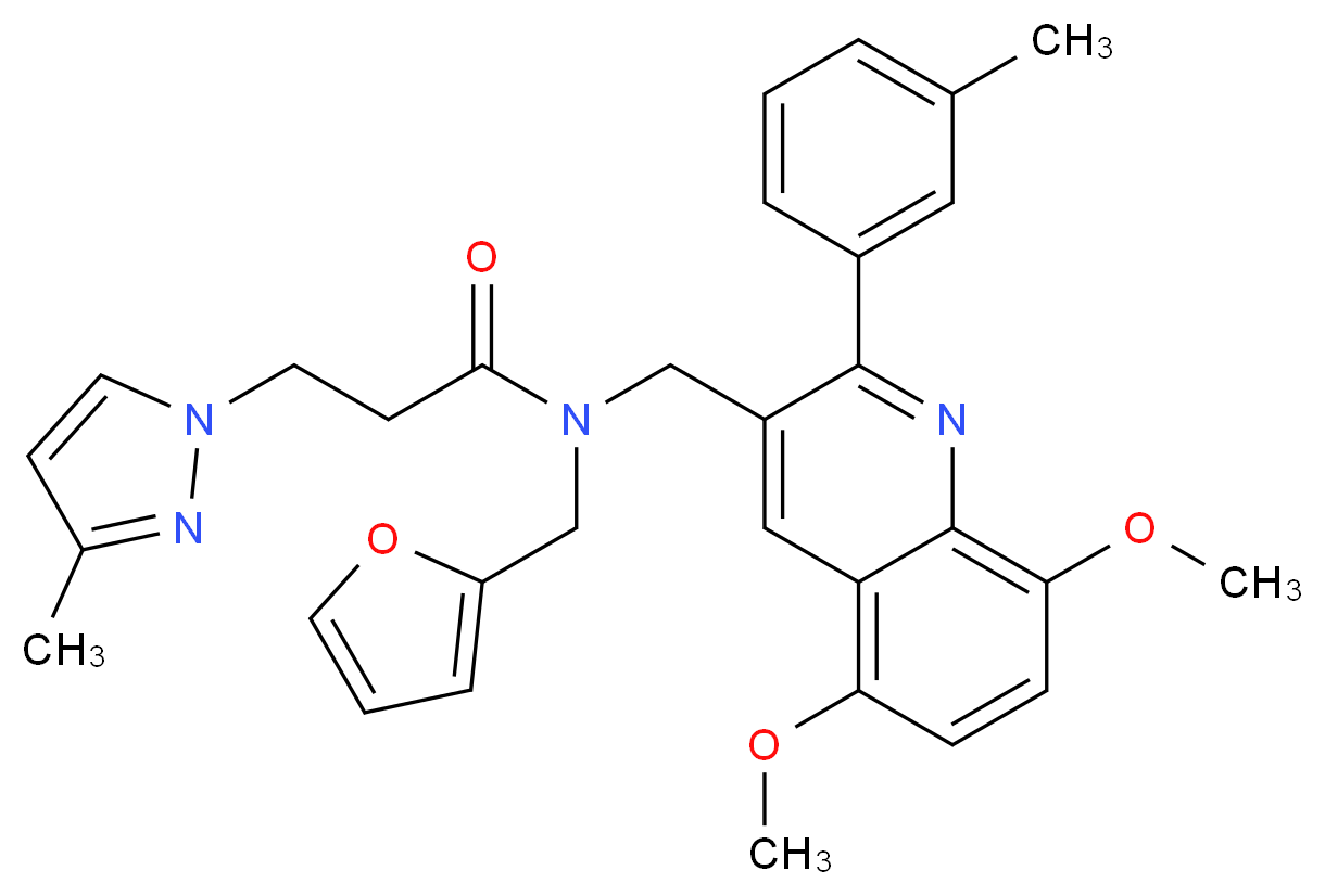 N-{[5,8-dimethoxy-2-(3-methylphenyl)-3-quinolinyl]methyl}-N-(2-furylmethyl)-3-(3-methyl-1H-pyrazol-1-yl)propanamide_Molecular_structure_CAS_)