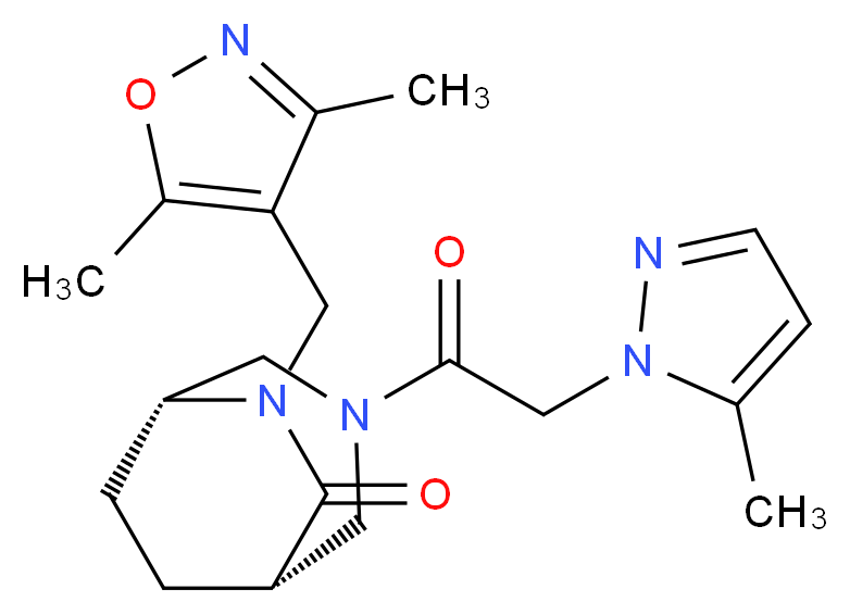 (1S*,5R*)-6-[(3,5-dimethylisoxazol-4-yl)methyl]-3-[(5-methyl-1H-pyrazol-1-yl)acetyl]-3,6-diazabicyclo[3.2.2]nonan-7-one_Molecular_structure_CAS_)