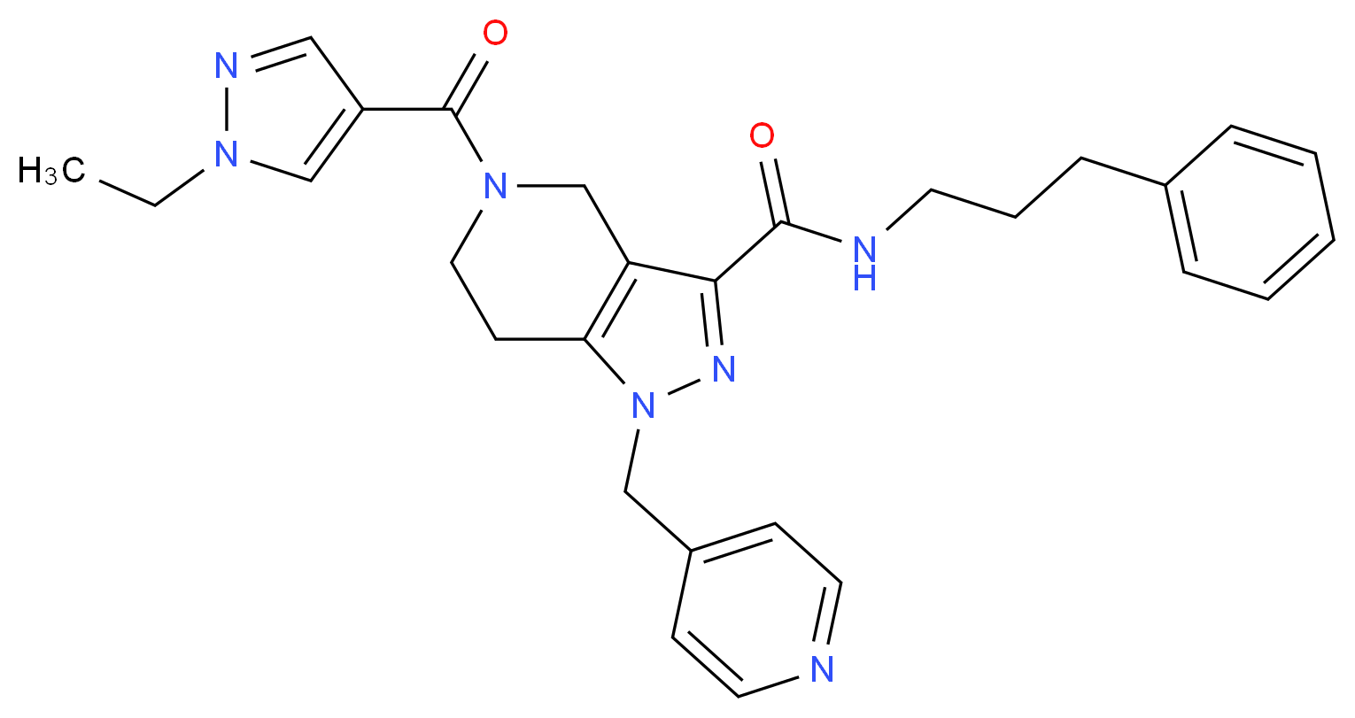 5-[(1-ethyl-1H-pyrazol-4-yl)carbonyl]-N-(3-phenylpropyl)-1-(4-pyridinylmethyl)-4,5,6,7-tetrahydro-1H-pyrazolo[4,3-c]pyridine-3-carboxamide_Molecular_structure_CAS_)