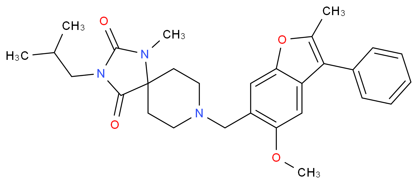 3-isobutyl-8-[(5-methoxy-2-methyl-3-phenyl-1-benzofuran-6-yl)methyl]-1-methyl-1,3,8-triazaspiro[4.5]decane-2,4-dione_Molecular_structure_CAS_)