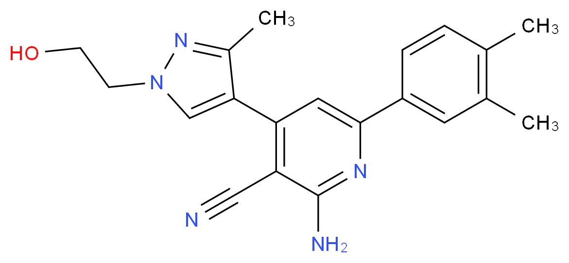 2-amino-6-(3,4-dimethylphenyl)-4-[1-(2-hydroxyethyl)-3-methyl-1H-pyrazol-4-yl]nicotinonitrile_Molecular_structure_CAS_)