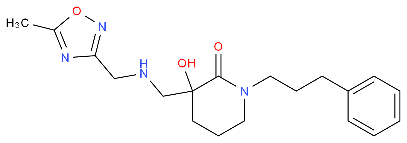 3-hydroxy-3-({[(5-methyl-1,2,4-oxadiazol-3-yl)methyl]amino}methyl)-1-(3-phenylpropyl)piperidin-2-one_Molecular_structure_CAS_)