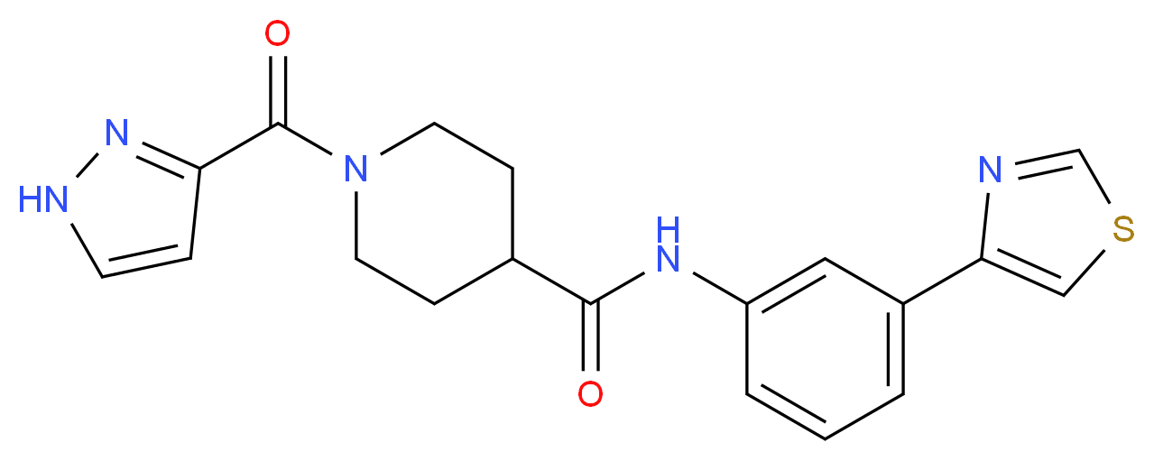 1-(1H-pyrazol-3-ylcarbonyl)-N-[3-(1,3-thiazol-4-yl)phenyl]piperidine-4-carboxamide_Molecular_structure_CAS_)