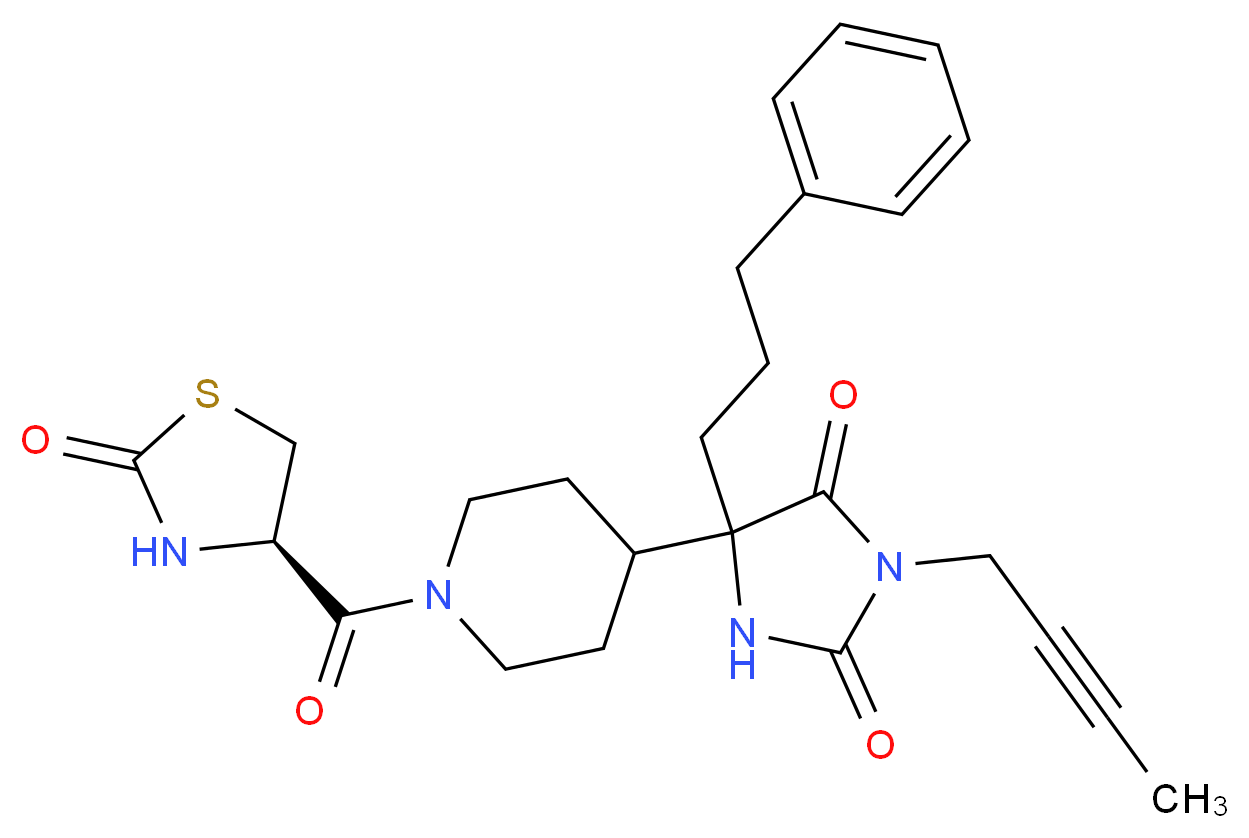 3-(2-butyn-1-yl)-5-(1-{[(4R)-2-oxo-1,3-thiazolidin-4-yl]carbonyl}-4-piperidinyl)-5-(3-phenylpropyl)-2,4-imidazolidinedione_Molecular_structure_CAS_)