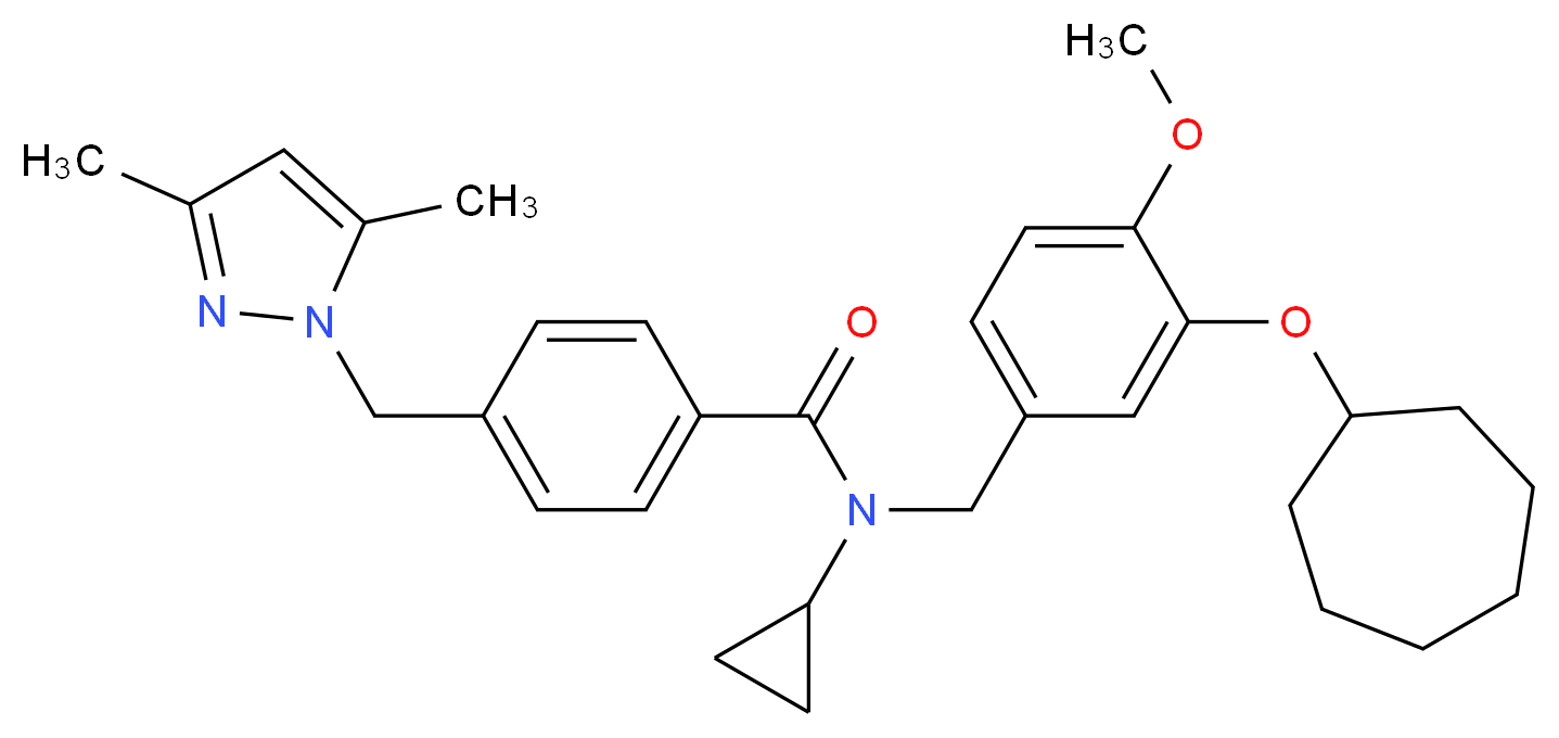 N-[3-(cycloheptyloxy)-4-methoxybenzyl]-N-cyclopropyl-4-[(3,5-dimethyl-1H-pyrazol-1-yl)methyl]benzamide_Molecular_structure_CAS_)