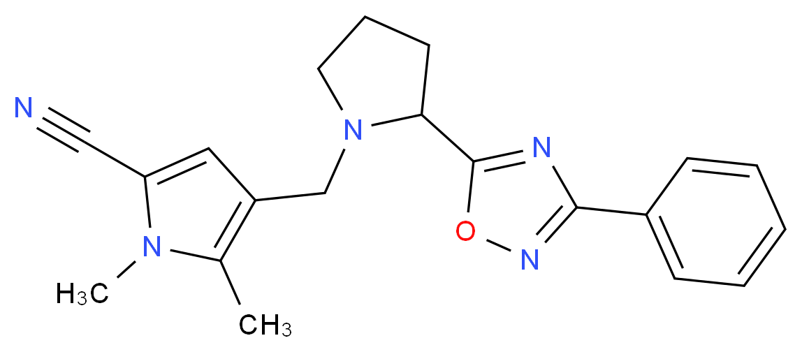 1,5-dimethyl-4-{[2-(3-phenyl-1,2,4-oxadiazol-5-yl)-1-pyrrolidinyl]methyl}-1H-pyrrole-2-carbonitrile_Molecular_structure_CAS_)