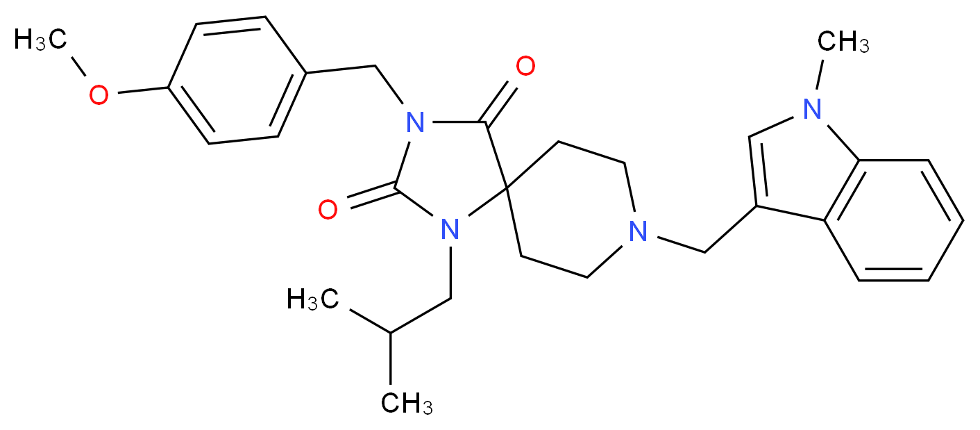 1-isobutyl-3-(4-methoxybenzyl)-8-[(1-methyl-1H-indol-3-yl)methyl]-1,3,8-triazaspiro[4.5]decane-2,4-dione_Molecular_structure_CAS_)