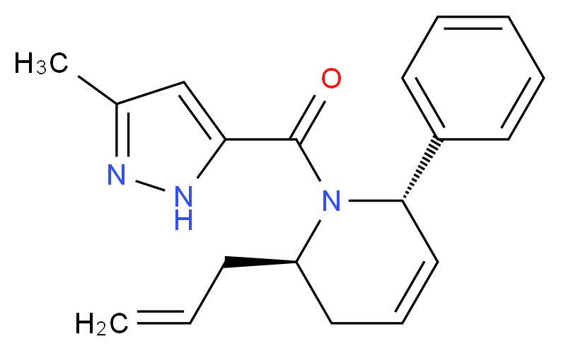 (2R*,6S*)-2-allyl-1-[(3-methyl-1H-pyrazol-5-yl)carbonyl]-6-phenyl-1,2,3,6-tetrahydropyridine_Molecular_structure_CAS_)