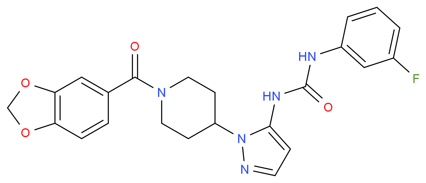 N-{1-[1-(1,3-benzodioxol-5-ylcarbonyl)-4-piperidinyl]-1H-pyrazol-5-yl}-N'-(3-fluorophenyl)urea_Molecular_structure_CAS_)
