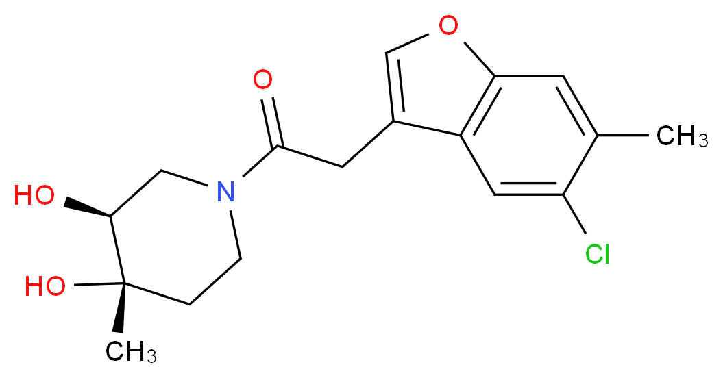 (3S*,4S*)-1-[(5-chloro-6-methyl-1-benzofuran-3-yl)acetyl]-4-methylpiperidine-3,4-diol_Molecular_structure_CAS_)