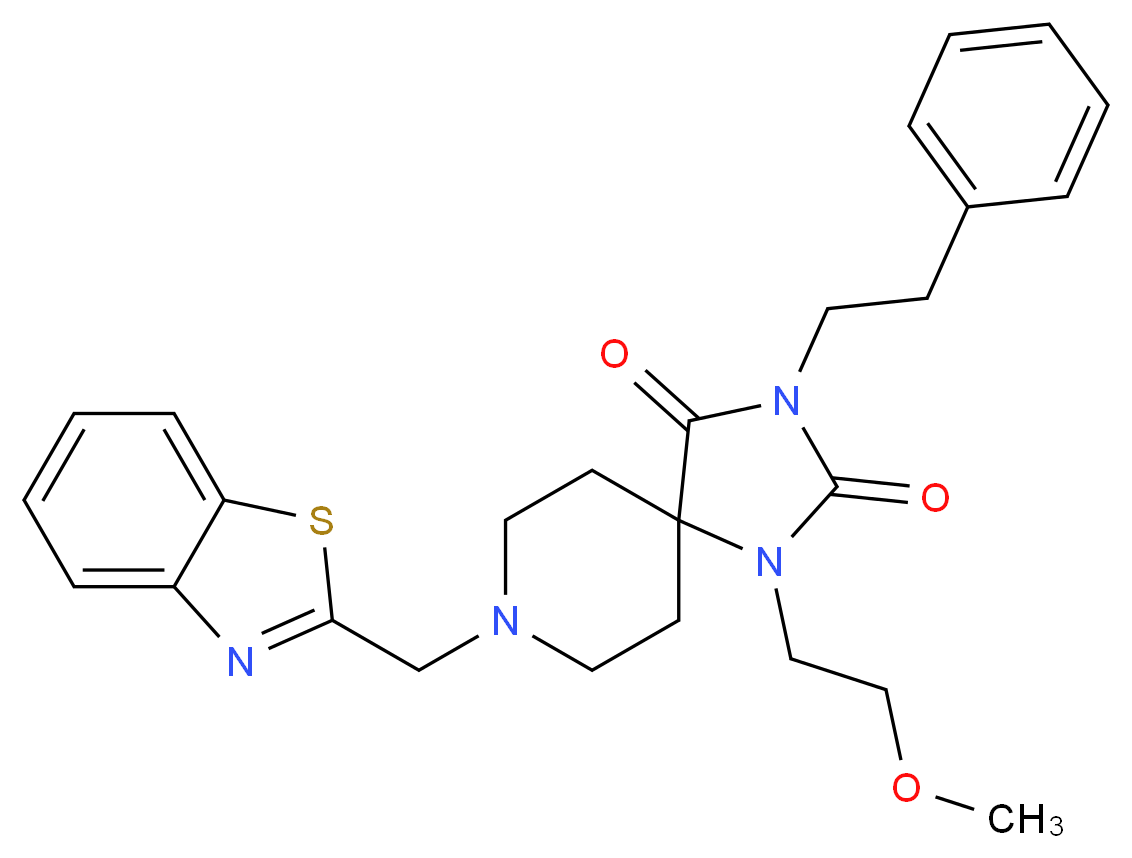 8-(1,3-benzothiazol-2-ylmethyl)-1-(2-methoxyethyl)-3-(2-phenylethyl)-1,3,8-triazaspiro[4.5]decane-2,4-dione_Molecular_structure_CAS_)