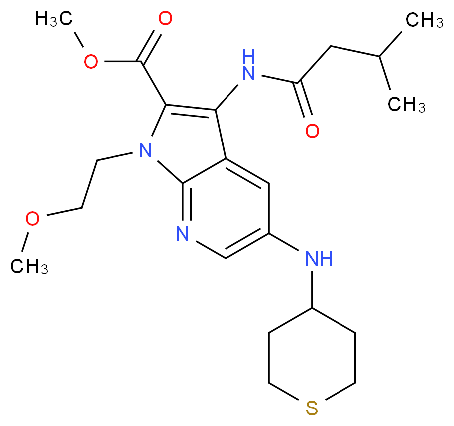 methyl 1-(2-methoxyethyl)-3-[(3-methylbutanoyl)amino]-5-(tetrahydro-2H-thiopyran-4-ylamino)-1H-pyrrolo[2,3-b]pyridine-2-carboxylate_Molecular_structure_CAS_)