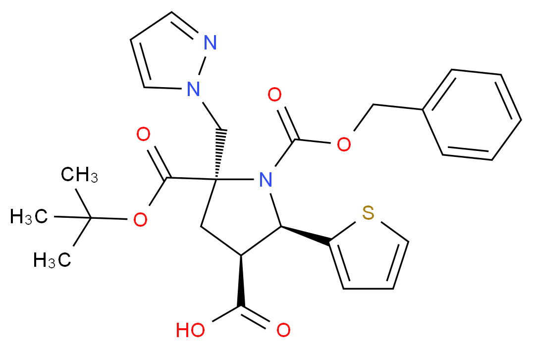 1,2,4-pyrrolidinetricarboxylic acid, 2-(1H-pyrazol-1-ylmethyl)-5-(2-thienyl)-, 2-(1,1-dimethylethyl) 1-(phenylmethyl) ester, (2R,4S,5R)-_Molecular_structure_CAS_)