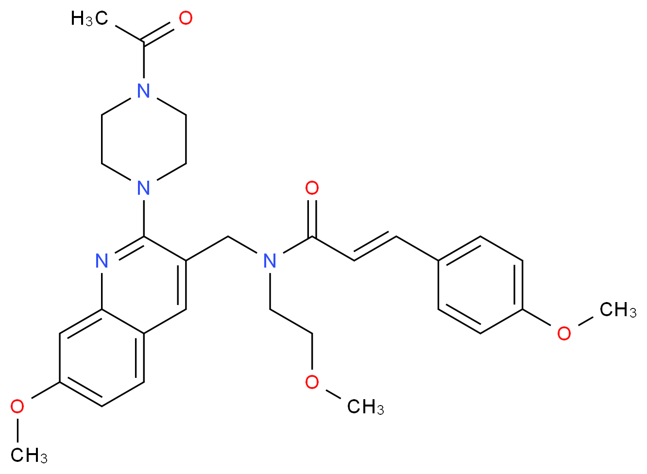 (2E)-N-{[2-(4-acetyl-1-piperazinyl)-7-methoxy-3-quinolinyl]methyl}-N-(2-methoxyethyl)-3-(4-methoxyphenyl)acrylamide_Molecular_structure_CAS_)