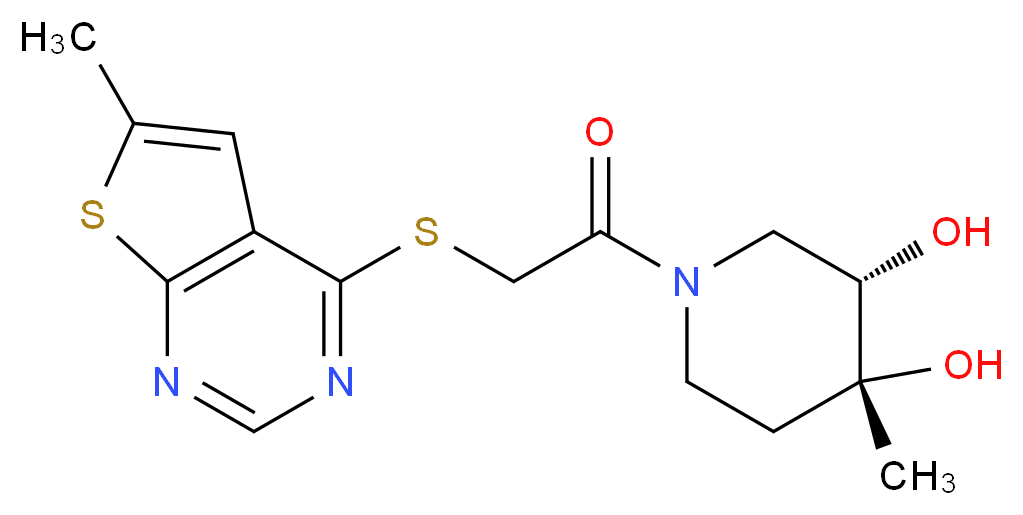 (3S*,4R*)-4-methyl-1-{[(6-methylthieno[2,3-d]pyrimidin-4-yl)thio]acetyl}piperidine-3,4-diol_Molecular_structure_CAS_)