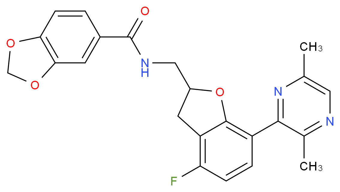 N-{[7-(3,6-dimethyl-2-pyrazinyl)-4-fluoro-2,3-dihydro-1-benzofuran-2-yl]methyl}-1,3-benzodioxole-5-carboxamide_Molecular_structure_CAS_)