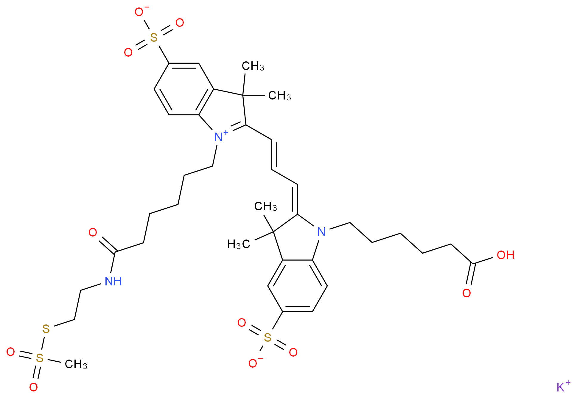Cyanine 3 Monofunctional Bihexanoic Acid Mono-MTSEA Dye, Potassium Salt_Molecular_structure_CAS_)