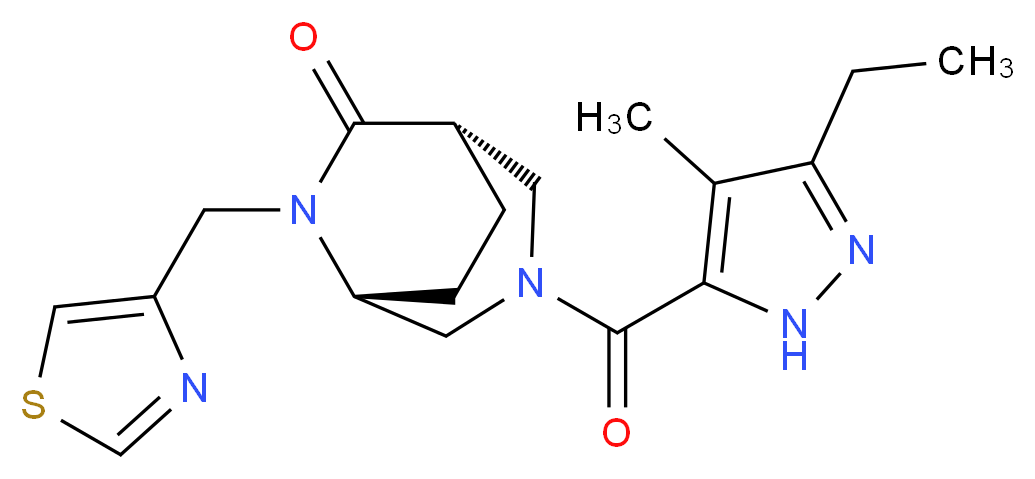 (1S*,5R*)-3-[(3-ethyl-4-methyl-1H-pyrazol-5-yl)carbonyl]-6-(1,3-thiazol-4-ylmethyl)-3,6-diazabicyclo[3.2.2]nonan-7-one_Molecular_structure_CAS_)