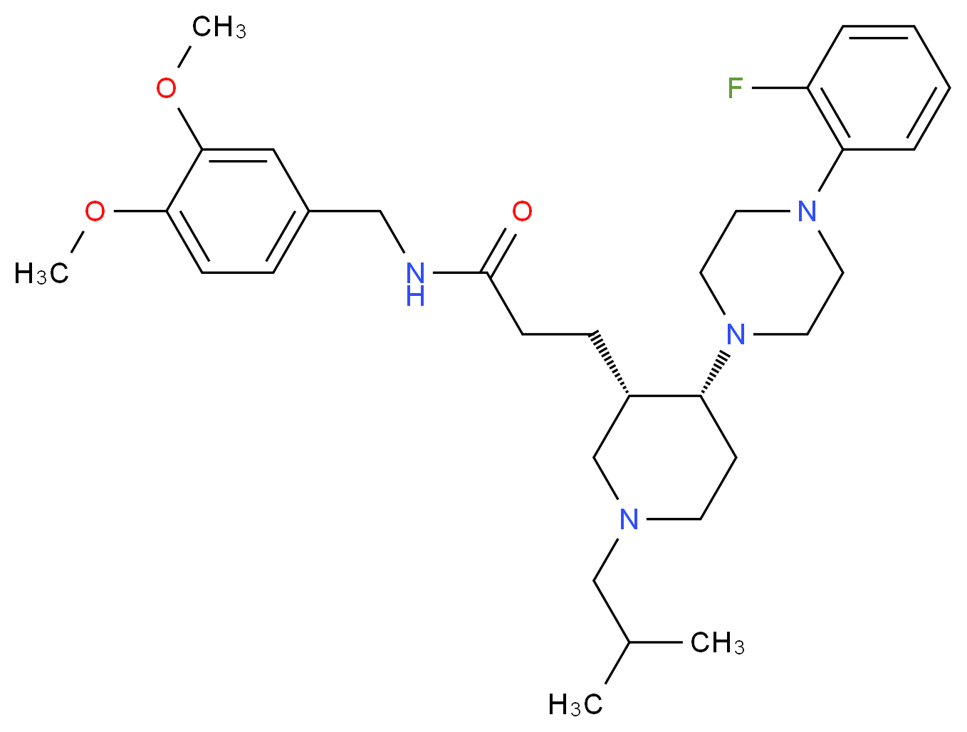 N-(3,4-dimethoxybenzyl)-3-{(3S*,4R*)-4-[4-(2-fluorophenyl)-1-piperazinyl]-1-isobutyl-3-piperidinyl}propanamide_Molecular_structure_CAS_)