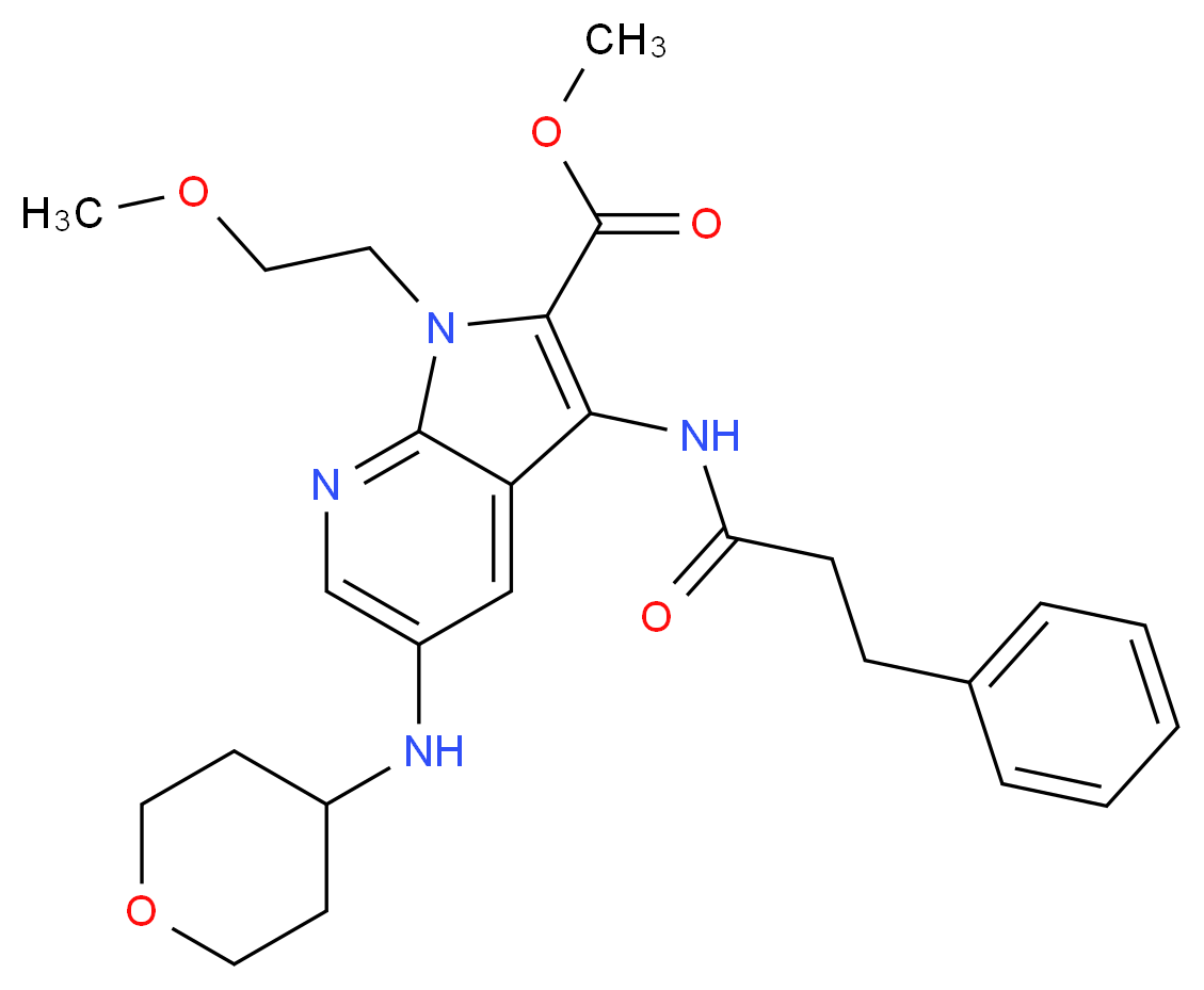 methyl 1-(2-methoxyethyl)-3-[(3-phenylpropanoyl)amino]-5-(tetrahydro-2H-pyran-4-ylamino)-1H-pyrrolo[2,3-b]pyridine-2-carboxylate_Molecular_structure_CAS_)
