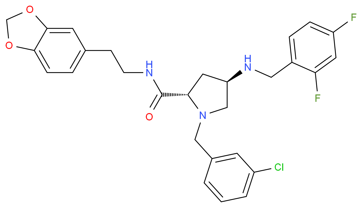 (4R)-N-[2-(1,3-benzodioxol-5-yl)ethyl]-1-(3-chlorobenzyl)-4-[(2,4-difluorobenzyl)amino]-L-prolinamide_Molecular_structure_CAS_)