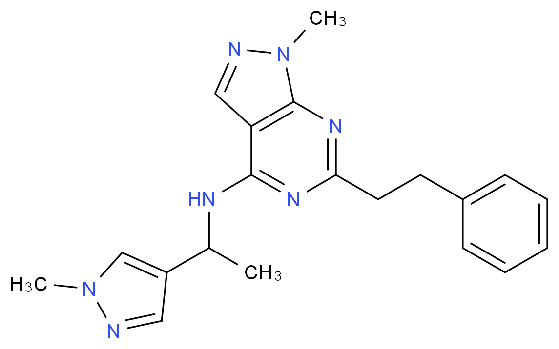 1-methyl-N-[1-(1-methyl-1H-pyrazol-4-yl)ethyl]-6-(2-phenylethyl)-1H-pyrazolo[3,4-d]pyrimidin-4-amine_Molecular_structure_CAS_)